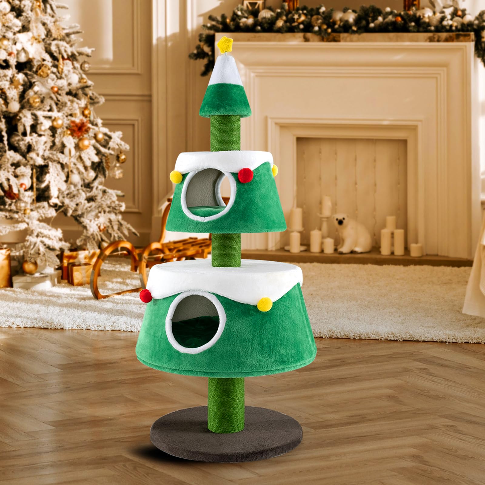 SOARS Árbol Rascador de Navidad para Gatos 153 cm, Grande Con Cama, Cojín Extraíble, Poste Rascador, Bolas de Pelo y Juguete Estrella