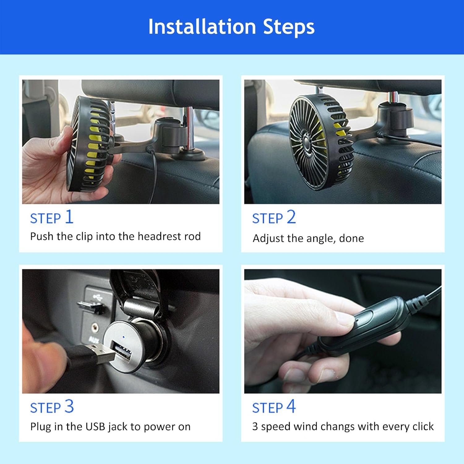 Car Fan USB Powered Car Seat Fan Portable Car Cooling Fan 3 Speed Strong Wind Rear Seat Air Circulation Fan with Adjustable Clip for Vehicles SUV RV