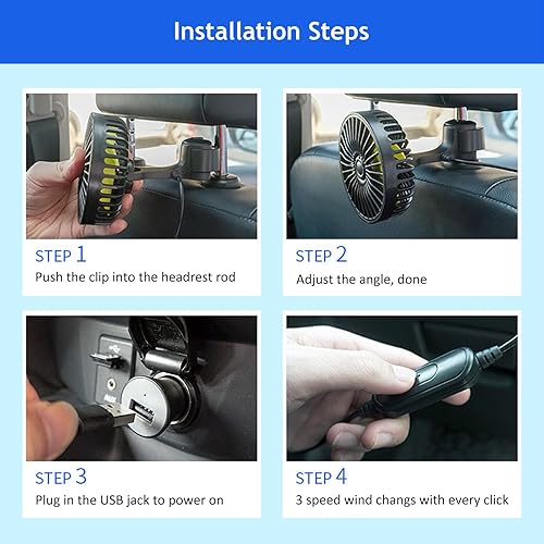 Miniatura 7 de Ventilador de coche alimentado por USB, ventilador portátil de refrigeración de coche de 3 velocidades, viento fuerte, ventilador de circulación de