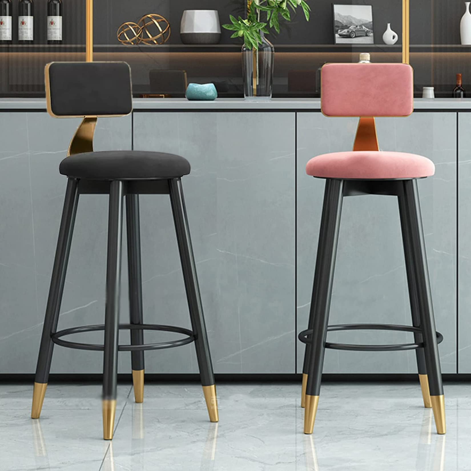 Sgabelli da bar in velluto con schienale e gambe in ferro, seduta moderna imbottita per bancone da cucina, bancone da bar, sala da pranzo di casa