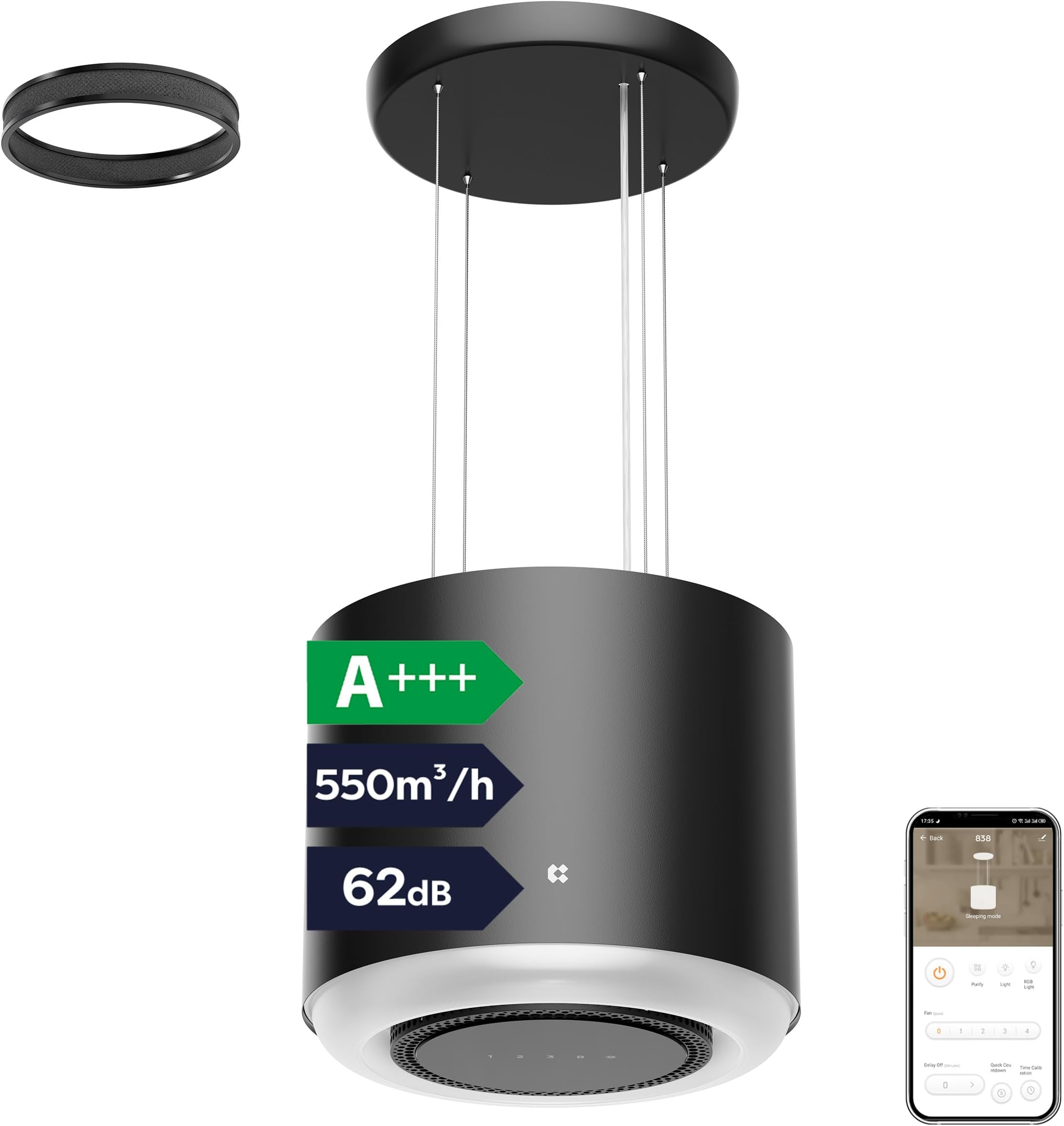 Ciarra Island Cooker Hood 48cm 550m³/ h Airflow CBCB4838 WiFi APP Touch Control Ceiling Hood 4-Speed with Booster Recirculating Kitchen Extractor Fan