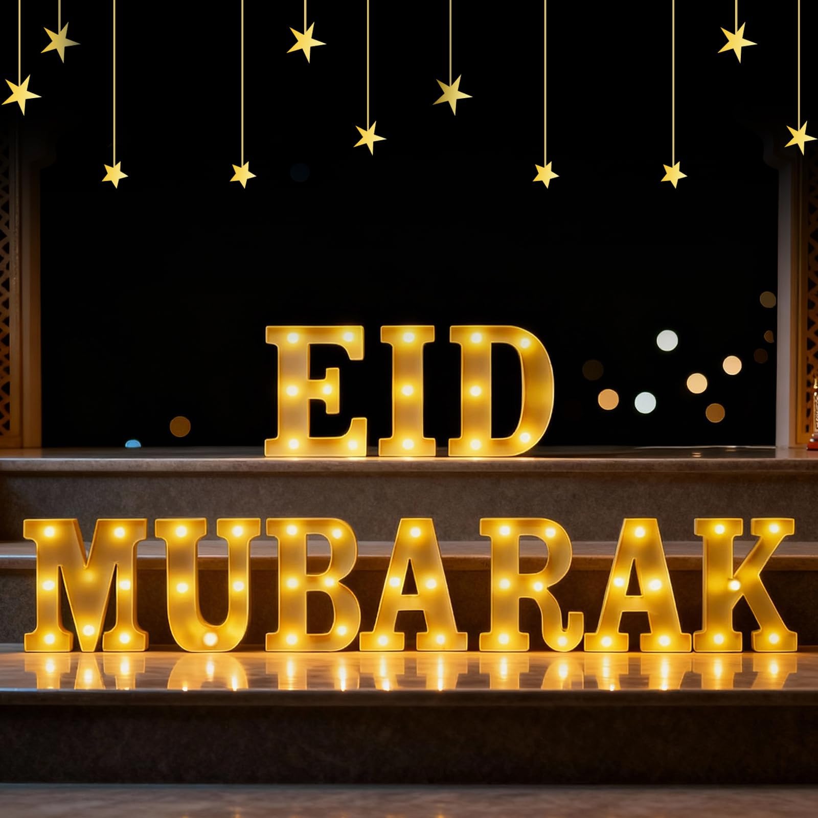 Eid Mubarak Decorations, LED Sign Lights Battery Powered, Lighted Hanging Décor for Table Party Indoor Outdoor