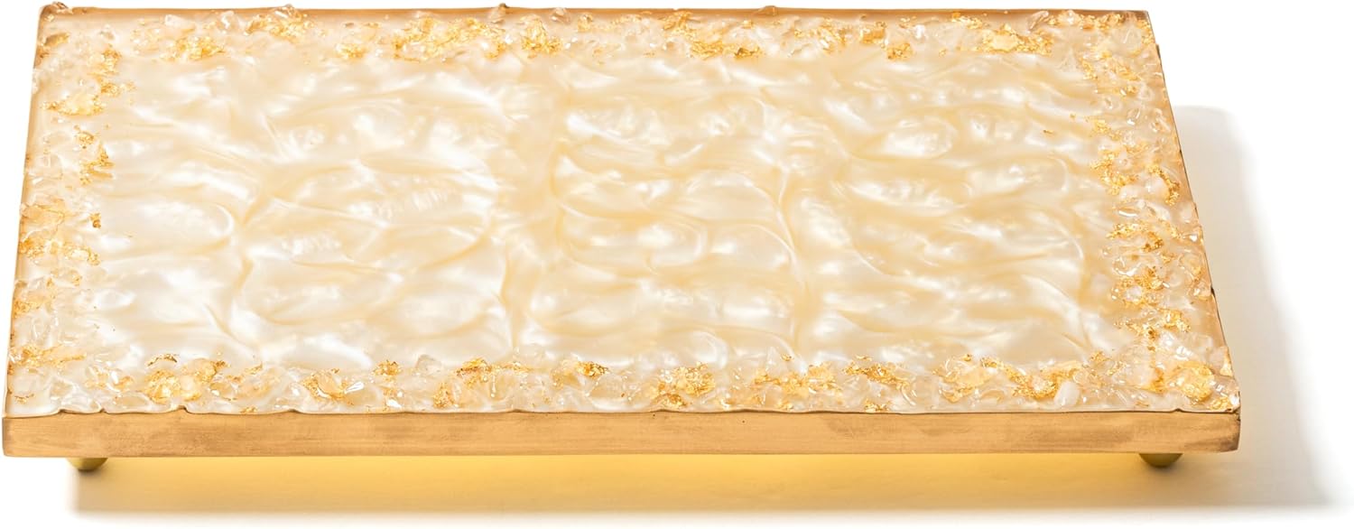 Resin Vanity Tray – Marble Ivory Decorative Perfume & Jewelry Organizer with Gold Flakes Edge and Hand-Painted Gold Rim – Elegant Bathroom or Dresser Decor