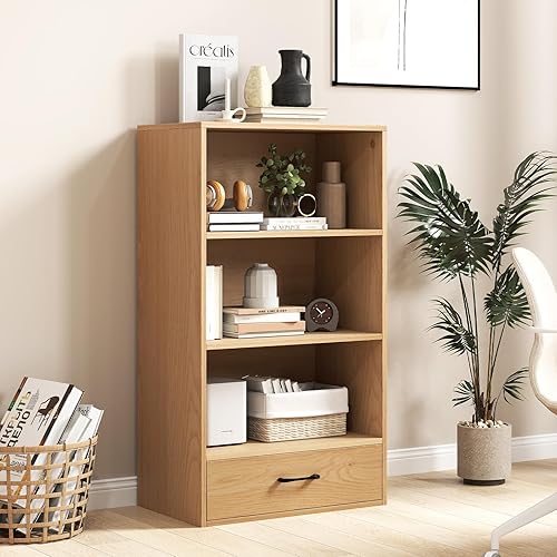 Miniatura 2 de GOFLAME Estantería de 4 niveles con cajón de almacenamiento, moderna estantería alta con 3 estantes abiertos, estantería de almacenamiento