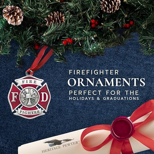 Miniatura 2 de Heritage Pewter Adorno de bombero | Adorno de árbol de Navidad esculpido a mano | Incrustación de metal de peltre Alma Mater intrincadamente
