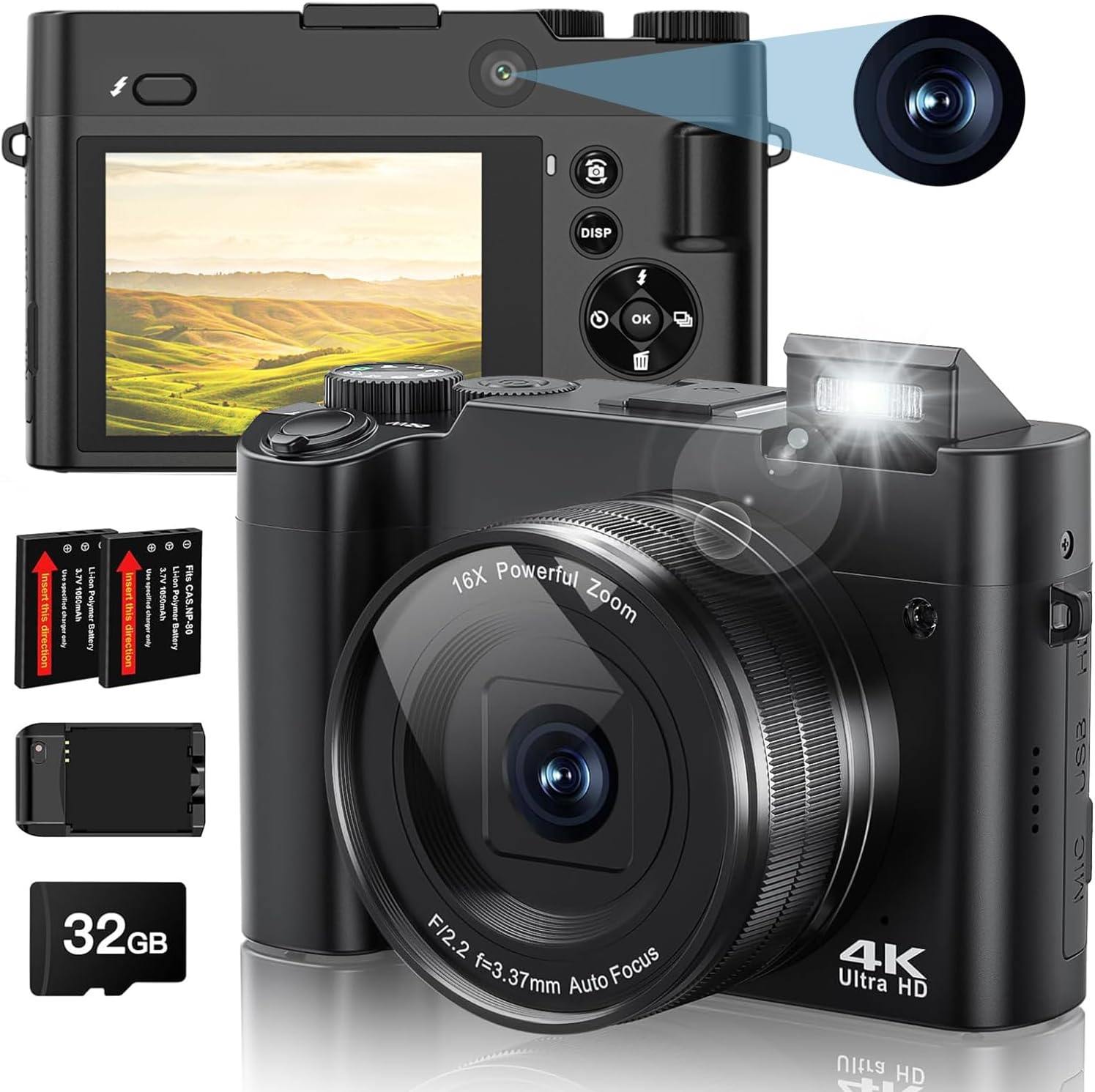Exrp 4K Digital Camera, 64MP Rear and Front for Photography and Video, Autofocus Anti-Shake, 3'' Selfie Flip Vlogging With Ultra Bright Flash, Dial 16X Zoom