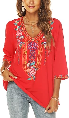 LauraKlein Blusa de verano para mujer, estilo bohemio, bordado, estilo mexicano, bohemio, cuello en V, manga 34, casual, holgada, túnica