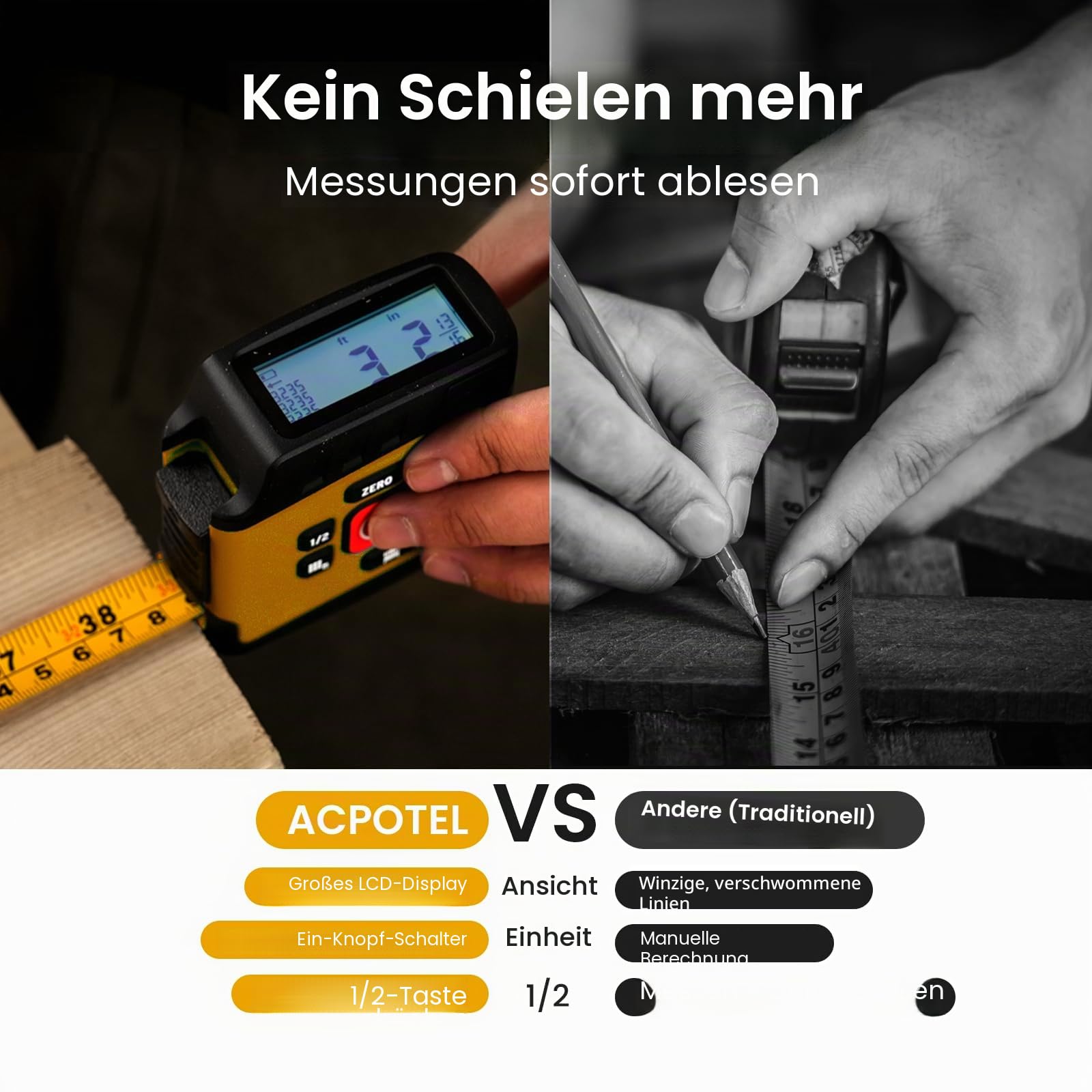 ACPOTEL DT20 Digitales Maßband 5M – 6 metrische & imperiale Einheiten, einstellbares einziehbares Digitalmessband mit Bruchanzeige 1/16, wiederaufladbares Messgerät für Entfernung/Fläche/Volumen, Gelb