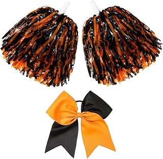 Hanaive 3 Pcs Cheerleading Pom Poms and Large Cheerleader Hair Bow Foil Pompoms Cheer for Team Cheering Squad Dance Rooters Accessories(Orange and Black,Matte)