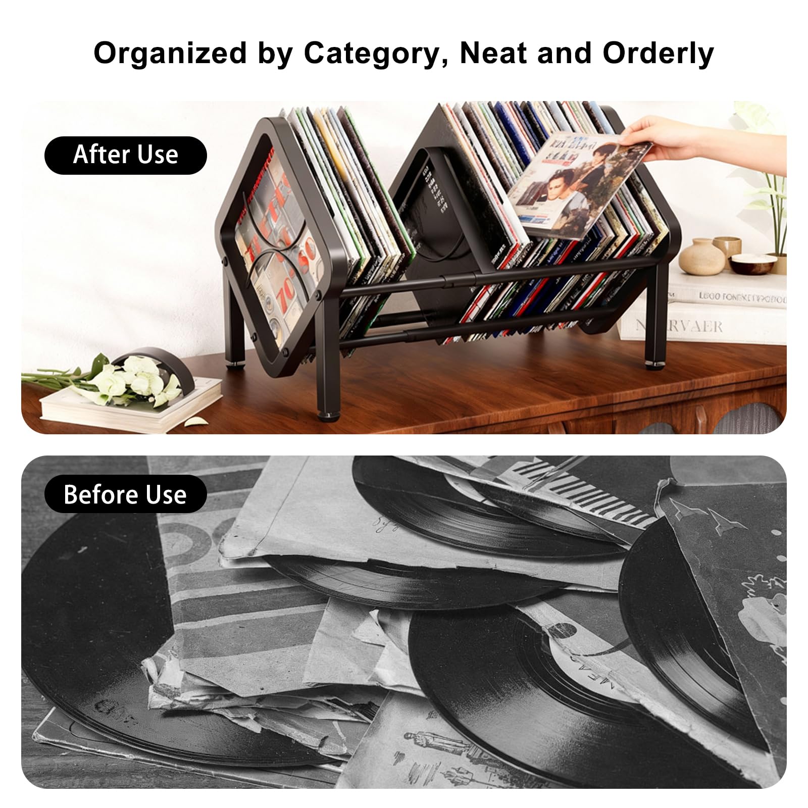 Scaffale regolabile per dischi in vinile, espandibile da 80 a 100 LP, supporto per dischi in vinile, inclinabile, per ufficio, casa, camera da letto, per CD, libri, riviste, documenti