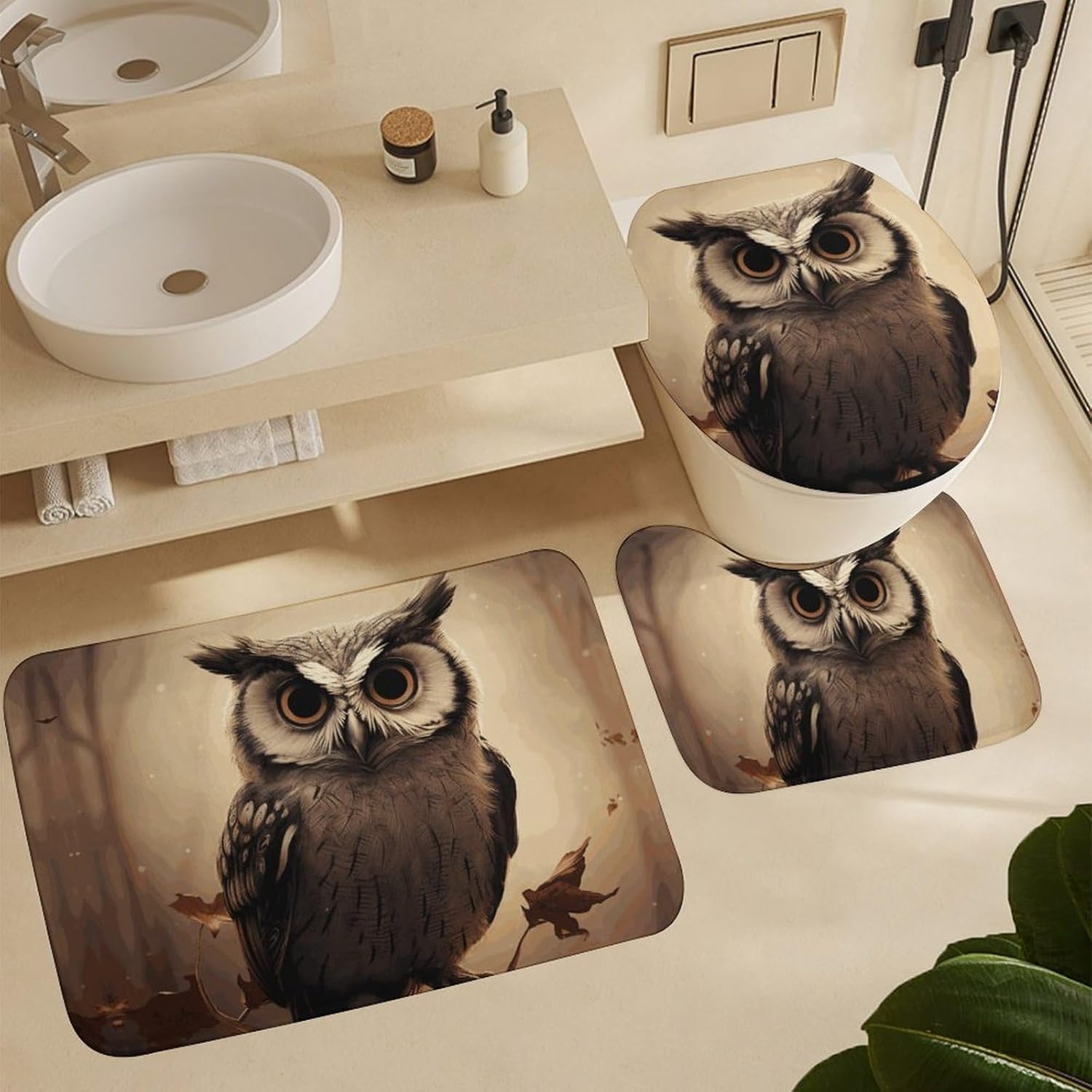 Anti-Skid Floor Mats 3 Piece Set,Cute Owl Printed Coral Fleece Bathroom Mats U-Shaped Contour Mat Toilet Seat Cover for Bathroom, Tub, Shower, Kitchen 19.7"x31.5"