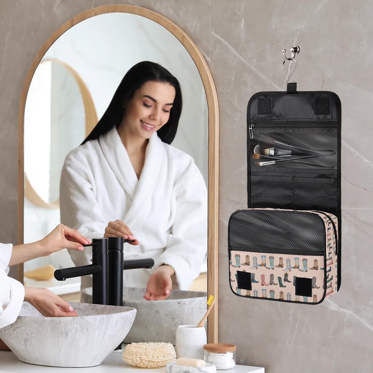 Neceser de viaje para mujeres y hombres con gancho para colgar, organizador de cosméticos de maquillaje, bolsa de viaje para artículos de tocador, accesorios esenciales, tamaño grande, Cowboy