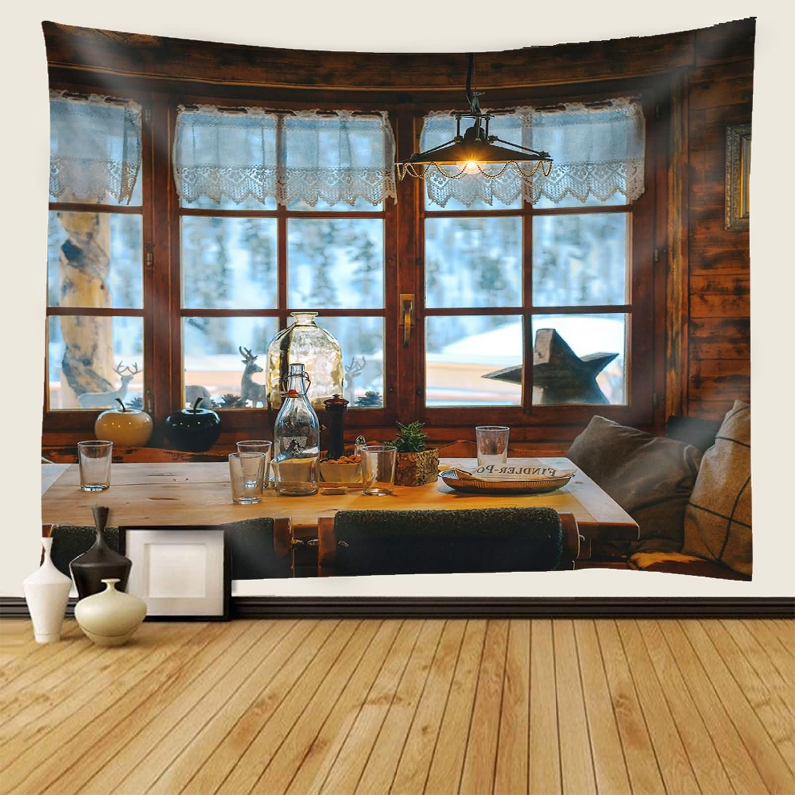 Homxi Wandteppich Wandbehänge 260 W x 240 H CM, Café Landschaft, Polyester Tapestry, Braun