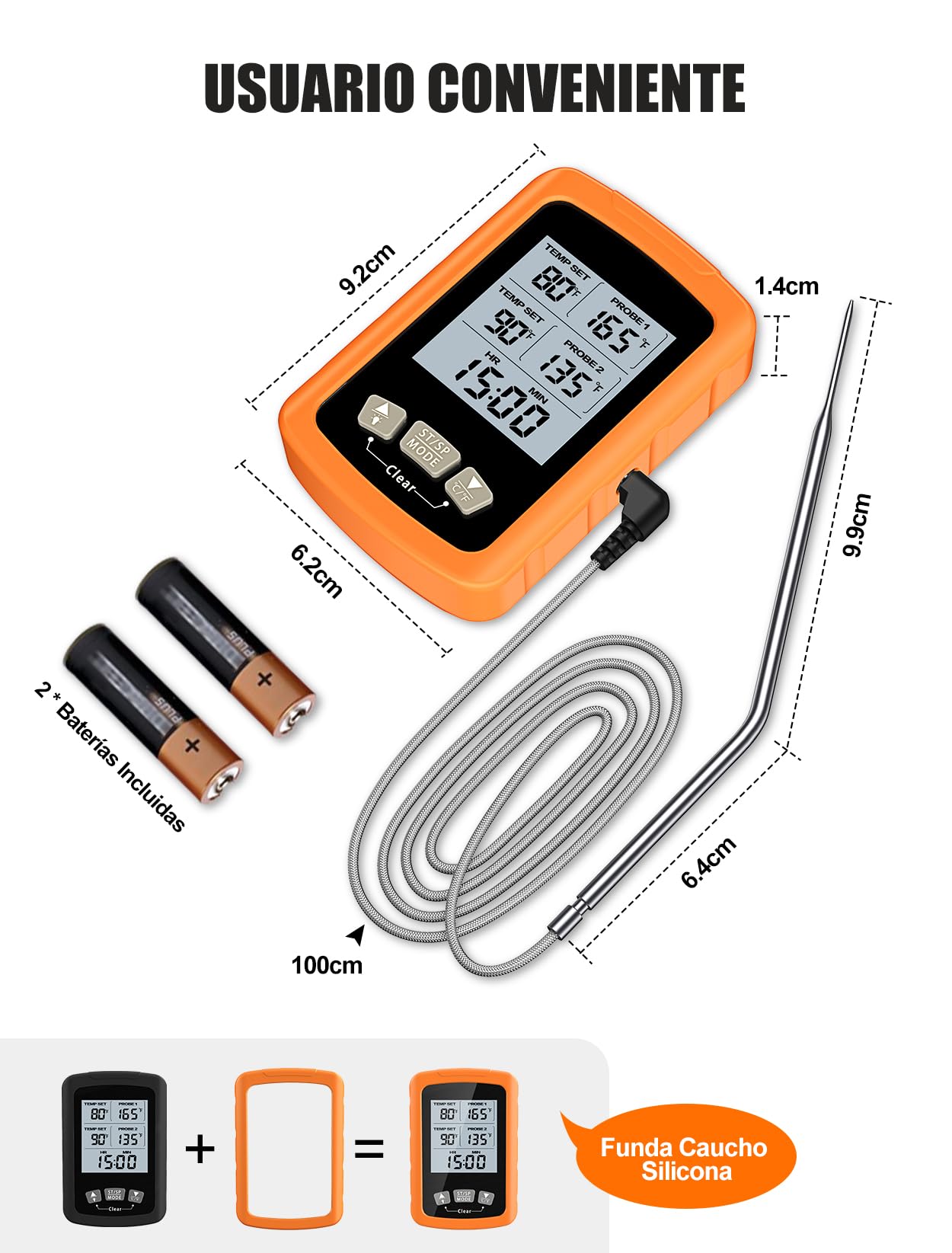 CIRYCASE Termometro Cocina, Termometro Carne Digital de Lectura Rápida & Precisa con Sondas Duales 16.3cm, Retroiluminada & Alarma Temporizador, Termometro Horno Apagado Auto para Parrilla/Horno/BBQ