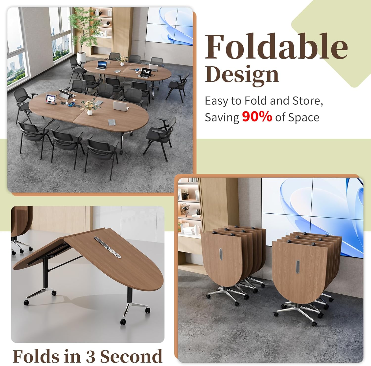 8FT Folding Conference Table for 6-8 People,Mobile Conference Room Table with Power Outlet,Large Oval Walnut Meeting Seminar Table for Office Business (94.5" L x 47.2" W x 29.5" H)
