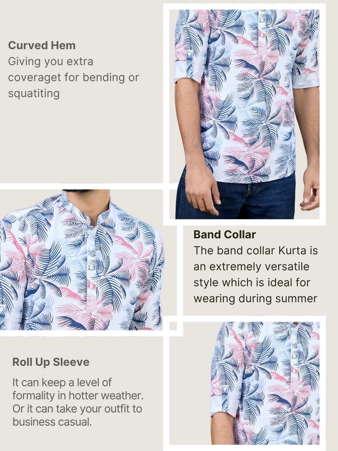 See Designs Men's Roll-Up Sleeve Mandarin Collar Navy Tropical Printed Rayon Short Kurta - Sdkt2937M