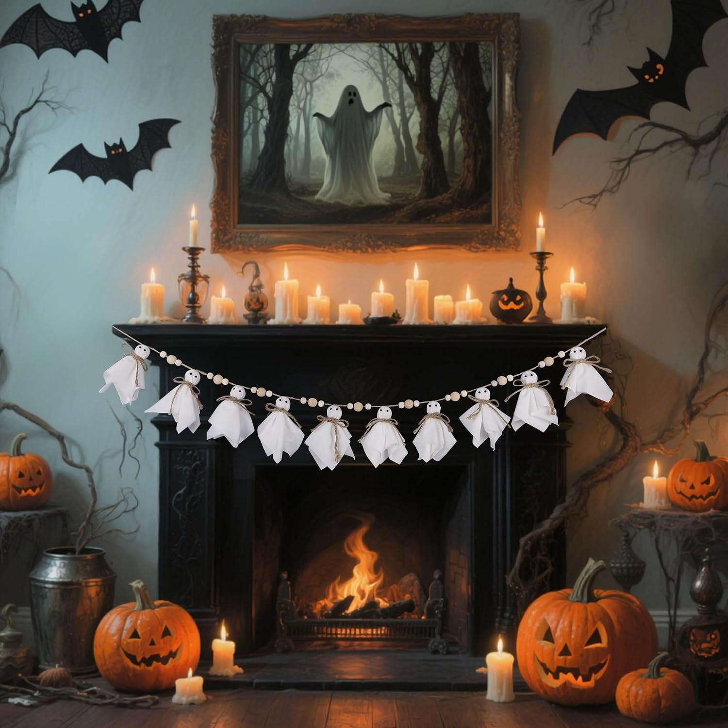 DR.DUDU Halloween Garland Ghost Decor, 4FT Cute Ghost Banner | Indoor Wall, Mantel, Home, Bedroom, Farmhouse, Vintage Spooky Room Decorations, Halloween Party, Fireplace, Porch