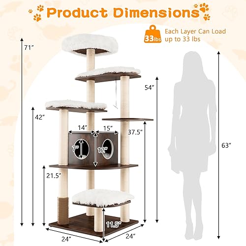 Miniatura 3 de Tangkula Árbol alto para gatos, torre para gatos de 71 pulgadas con plataforma multicapa, árbol de madera moderna para gatos con postes rascadores