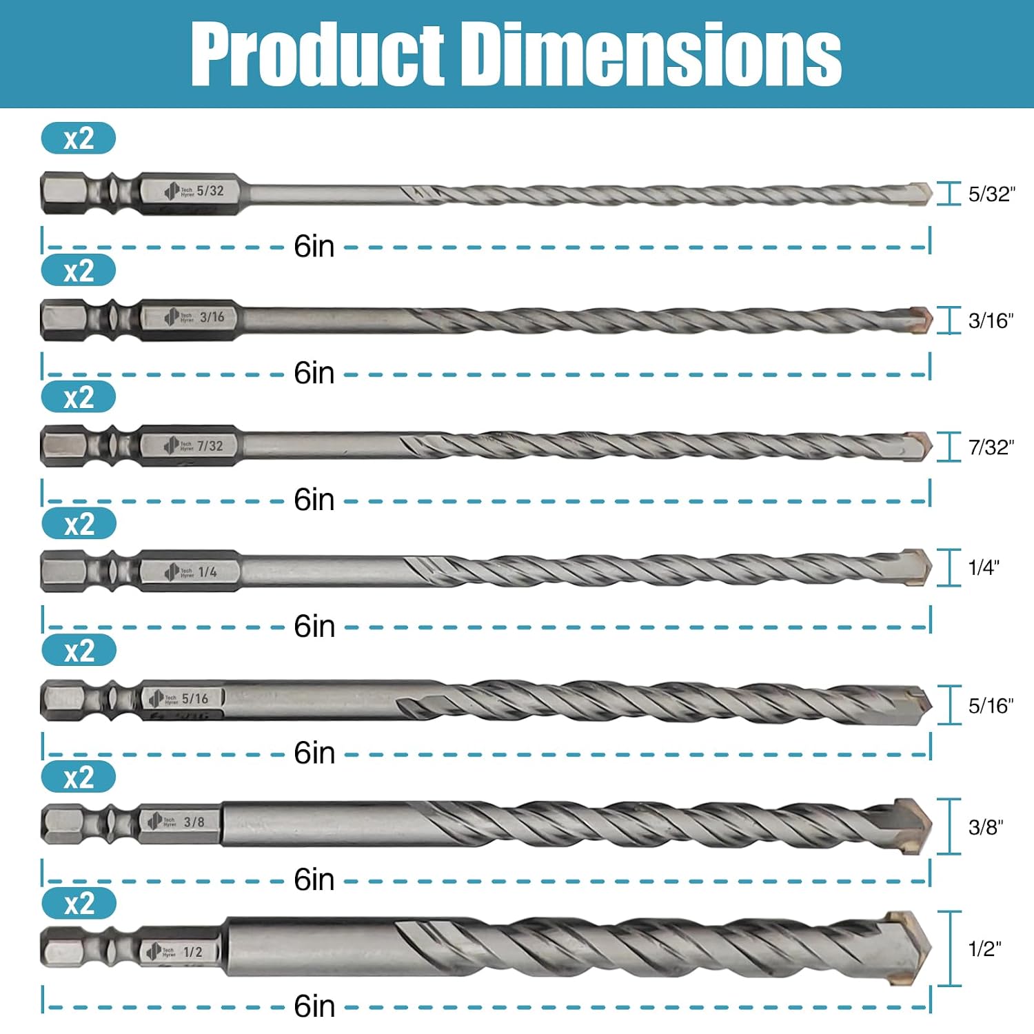 14Pcs Carbide Tipped Masonry Drill Bit Set 1/4" Hex Shank 5/32"-1/2" | Carbide Tipped Concrete Drill Bits for Impact Driver, Tile, Brick, Cement, Tile, Plastic, with Storage Box