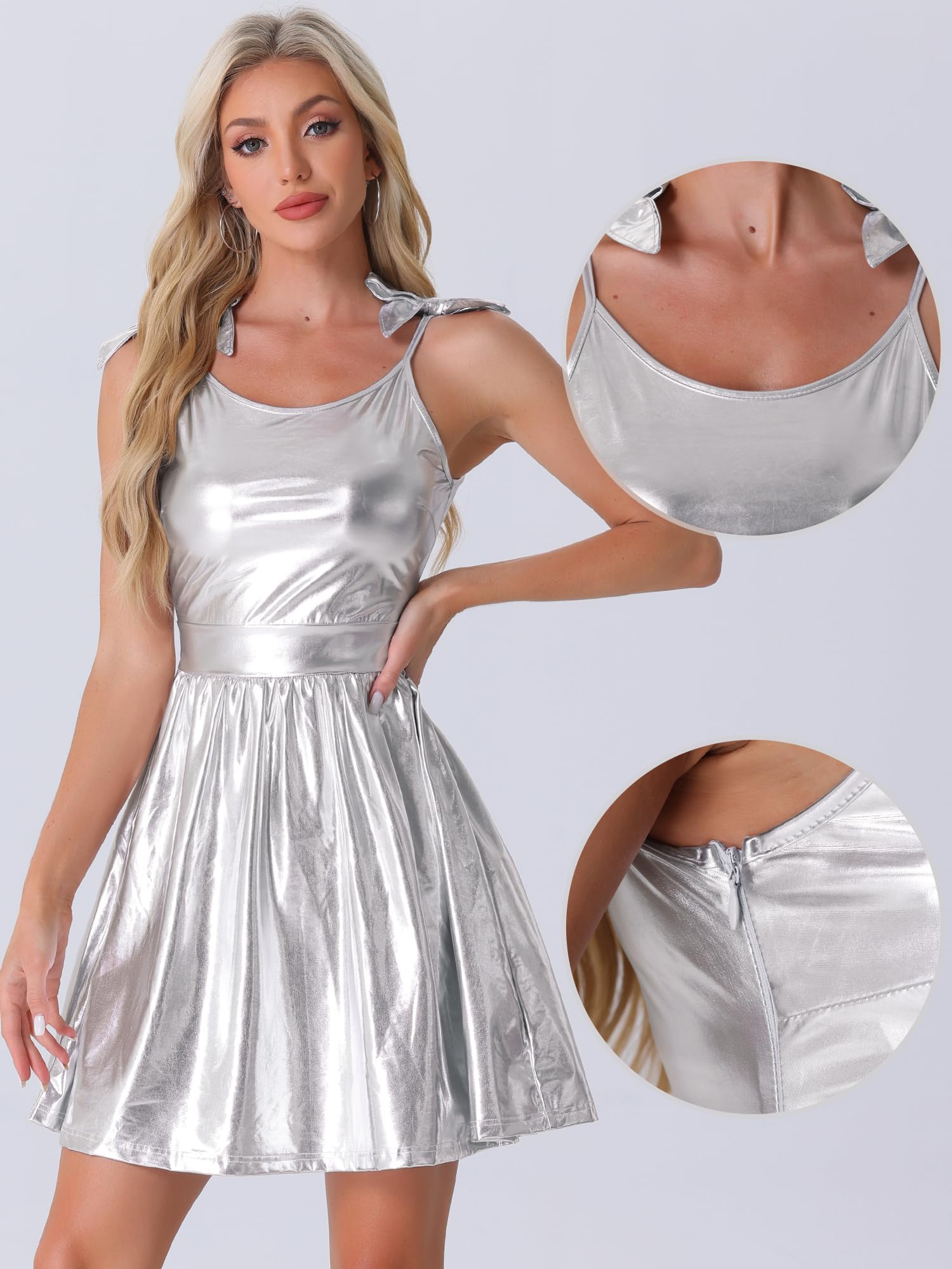 Allegra K Vestido con Tirantes Finos para Mujer Metálico Línea A Sin Mangas Vestido Fiesta y Club