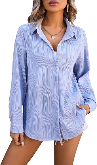 Button Down Shirts for Women 2025 Summer Casual Long Sleeve V Neck Stripe Blouse Solid Loose Comfortable Trendy Tops