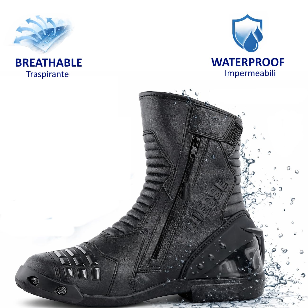 BI ESSE - Botas De Cuero De La Moto,Zapato De Motocicleta Impermeable,Transpirable,Botas De Invierno De Carretera,Protector De Tobillo