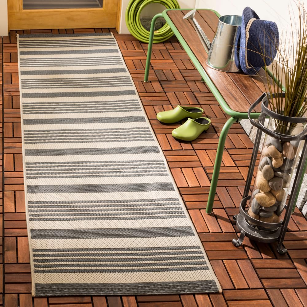 SAFAVIEH Courtyard Collection 2'3' x 20' Grey/Bone CY6062 Stripe Indoor/ Outdoor Patio Backyard Mudroom Runner Rug