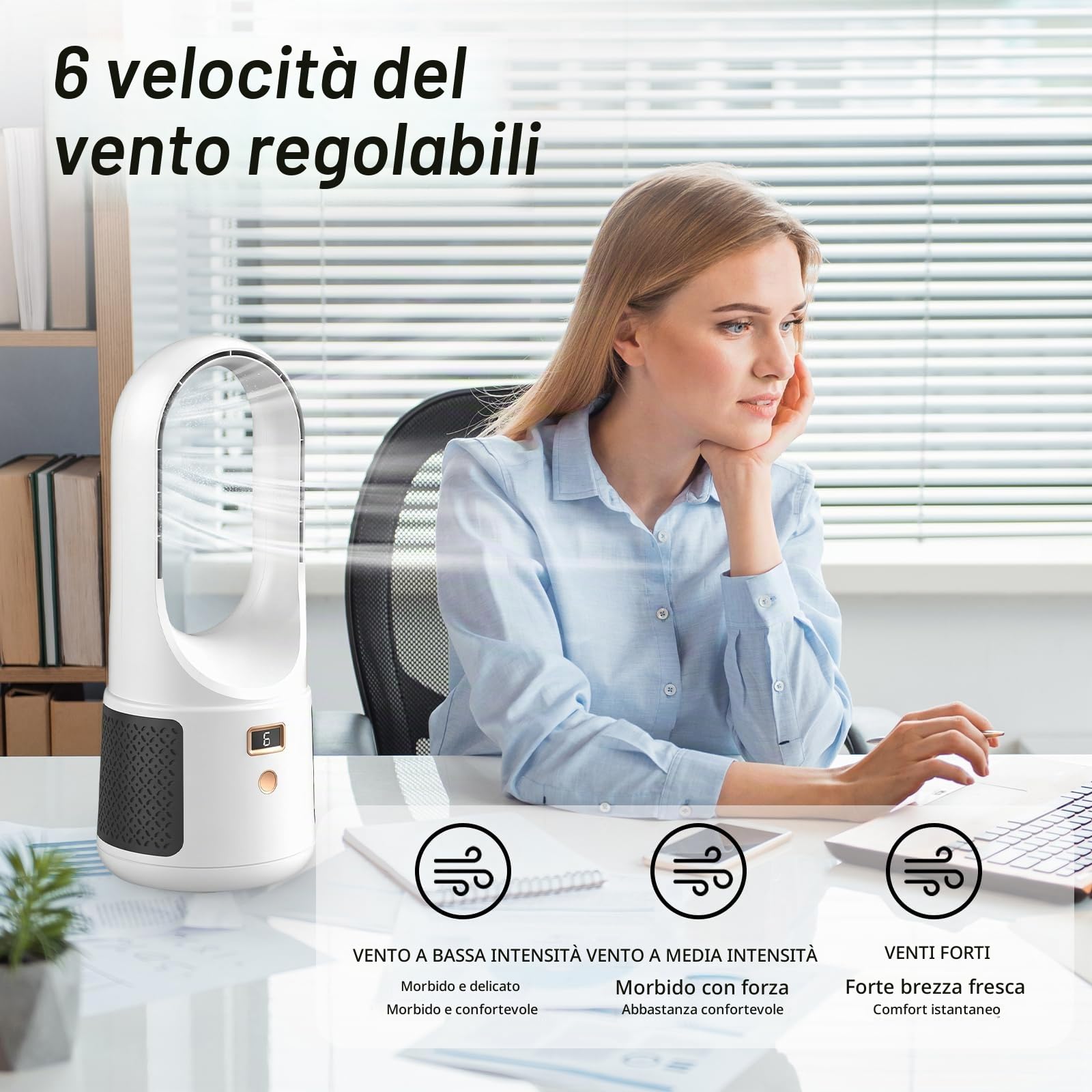 Ventilatore senza Pale, 25dB Ventilatore da Tavolo Silenzioso | 6 Velocità, Autonomia 8h, Sicuro per Bambini e Animali, Tavolo e Camera da Letto, Funziona in Caso di Blackout