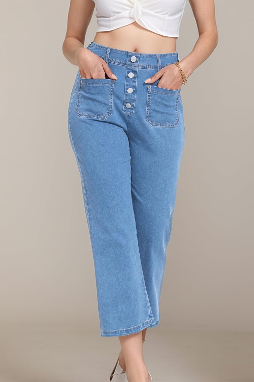 YOCUR Womens Cropped Jeans Elastic High Waist Crop Denim Flare Pants Wide Leg Button Patch Pockets Petite Capri Jeans - Image 4