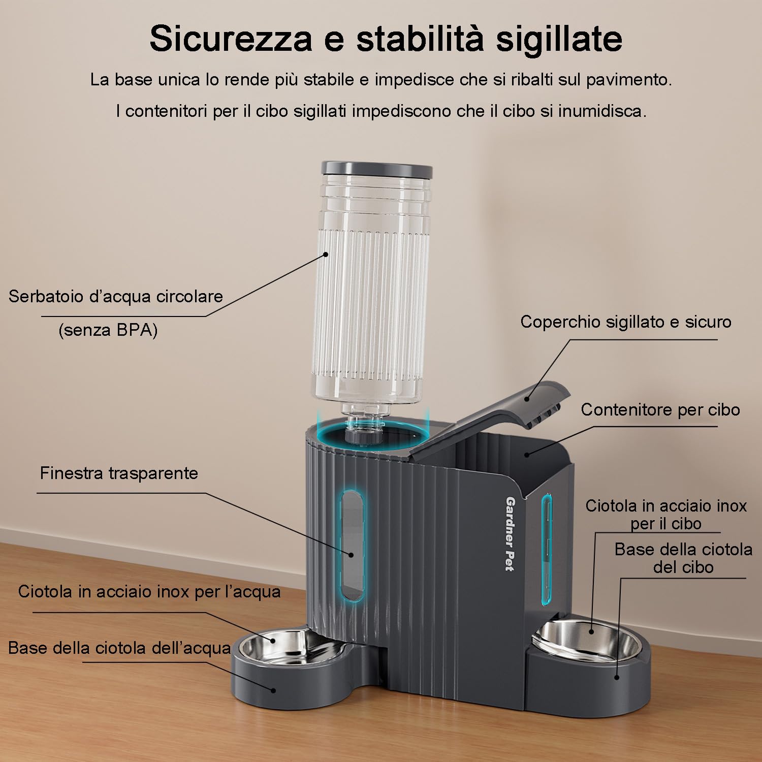 Gardner Pet 2 in 1 Distributore Automatico Cibo e Acqua Gatti (3L*2), Distributore Non Elettrico Cibo Gatti con Ciotola in Acciaio Inox, GravitÀ Dispenser Crocchette Gatto, Senza BPA, Grigio Scuro