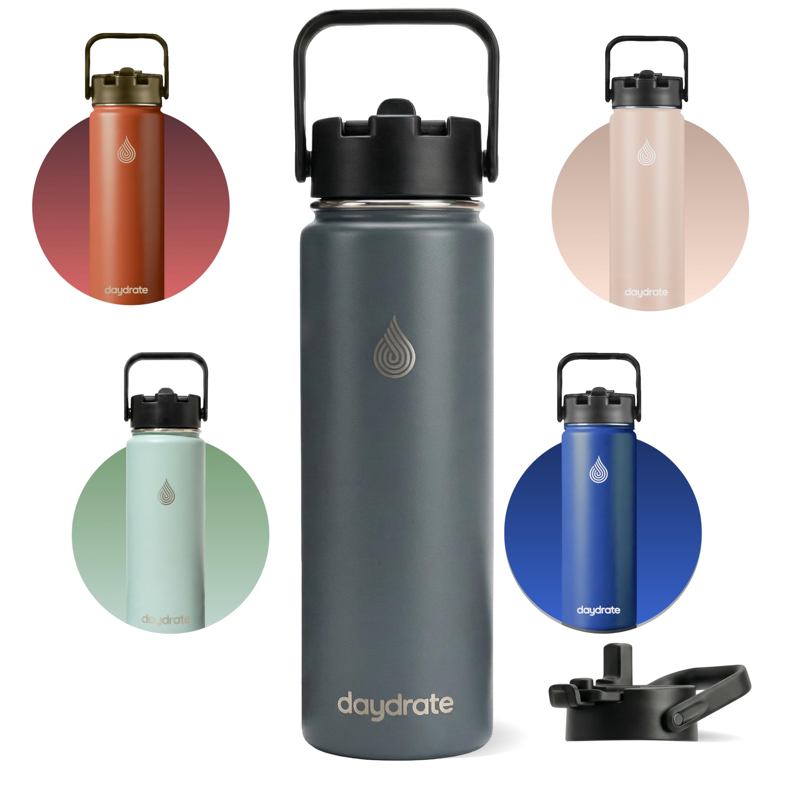 Insulated Metal Water Bottle with Straw 750ml- Stainless Steel Water Bottle, BPA Free, Dual Lid Straw & Spout, Leakproof, 24 Hours Cold & Hot, Work, Travel, Gym Bottle for Men & Women - Grey- Daydrate — view 6