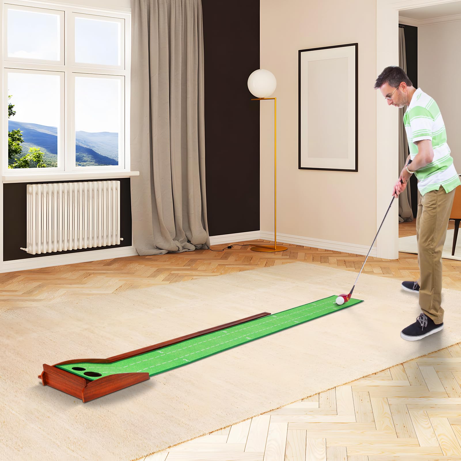 XDriveMax Golf Putting Matte Indoor,2 Loch rutschfeste puttingmatte Golf Indoor mit Ballrückführung ohne Blockierung, geeignet für Golfübungen, Homeoffice und als schönes Geschenk