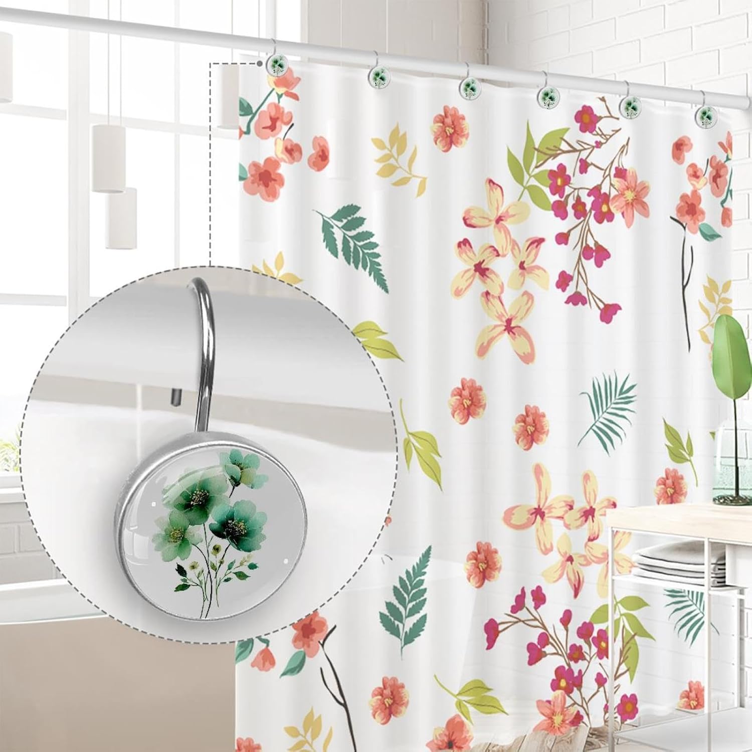 Aesthetic Green Flowers 12Pcs Shower Curtain Hooks, Shower Rings Stainless Steel Hooks Bathroom Bedroom Living Room