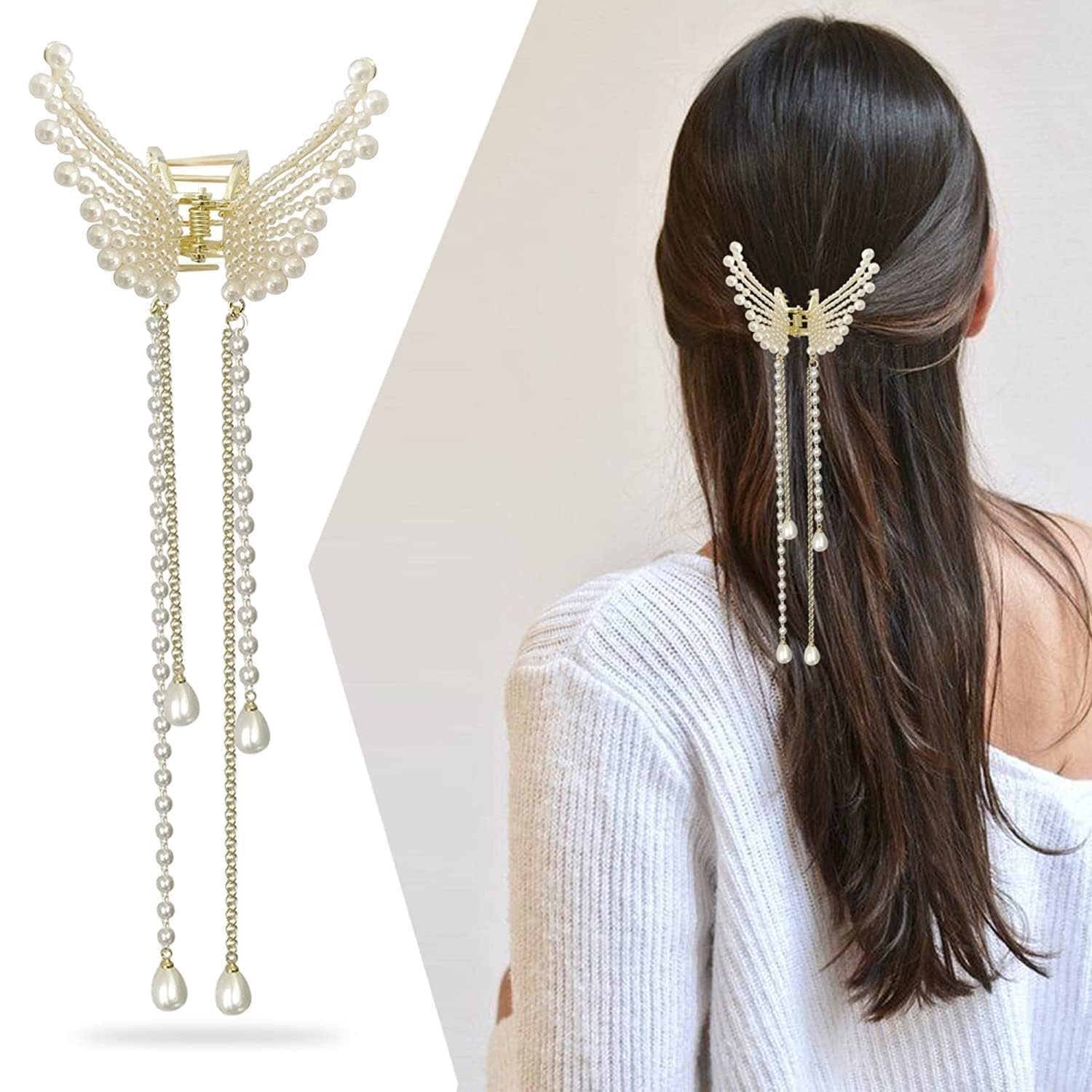 MVM Enterprise Butterfly Design Pearl Hair Claw Clips Hairstyle Elegant Royal Fashion Clutcher Pins | Wedding Bridal Jaw Clamp Tassels Charming Hair Pins Party Modern Jewelry For Women's & Girls