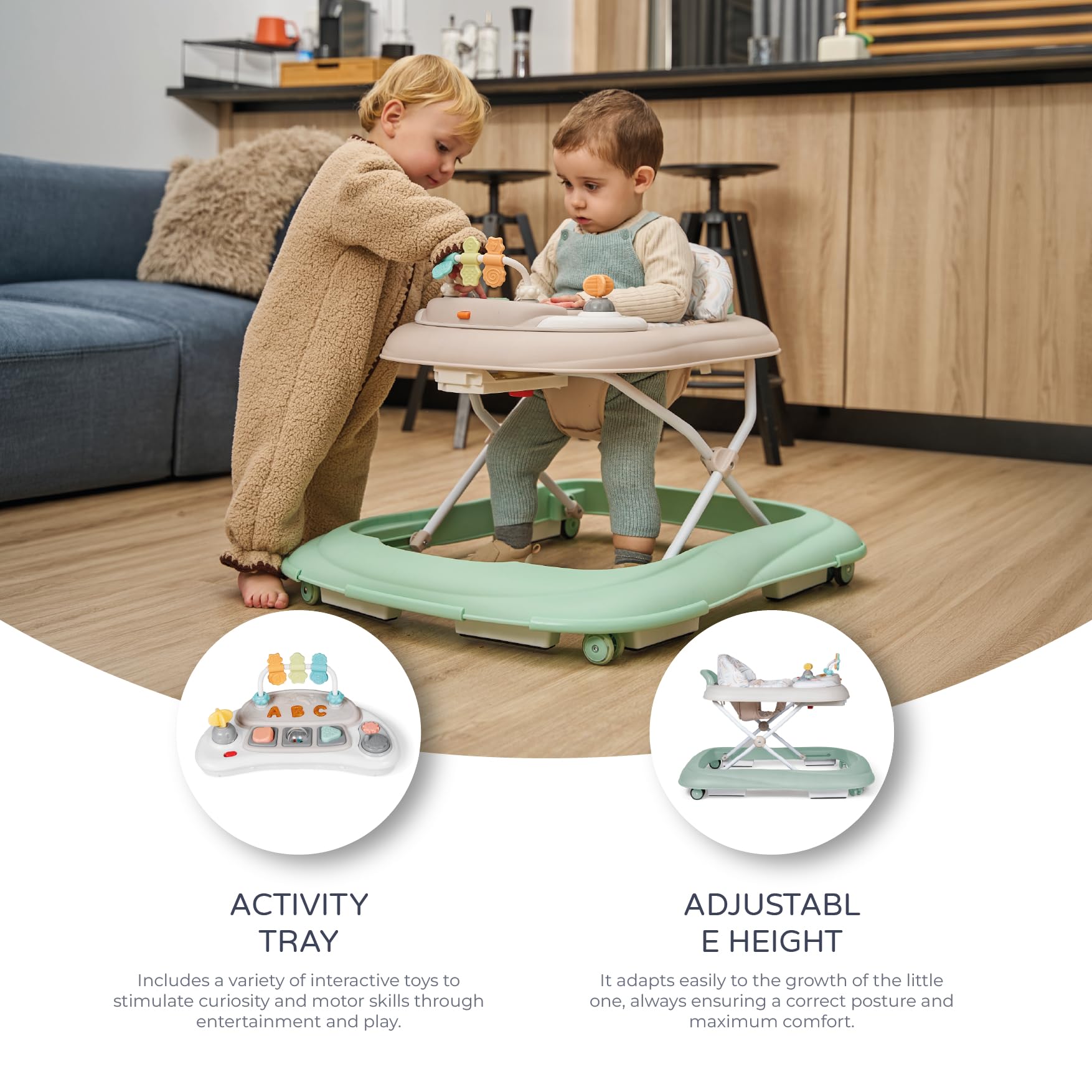 MS BabyWorld chodzik BASIC PLUS chodzik dla dzieci z interaktywną tacą do gier z dźwiękiem, podstawa zapobiegająca przewróceniu, silikonowa mata na kółkach i 3 pozycje wysokości