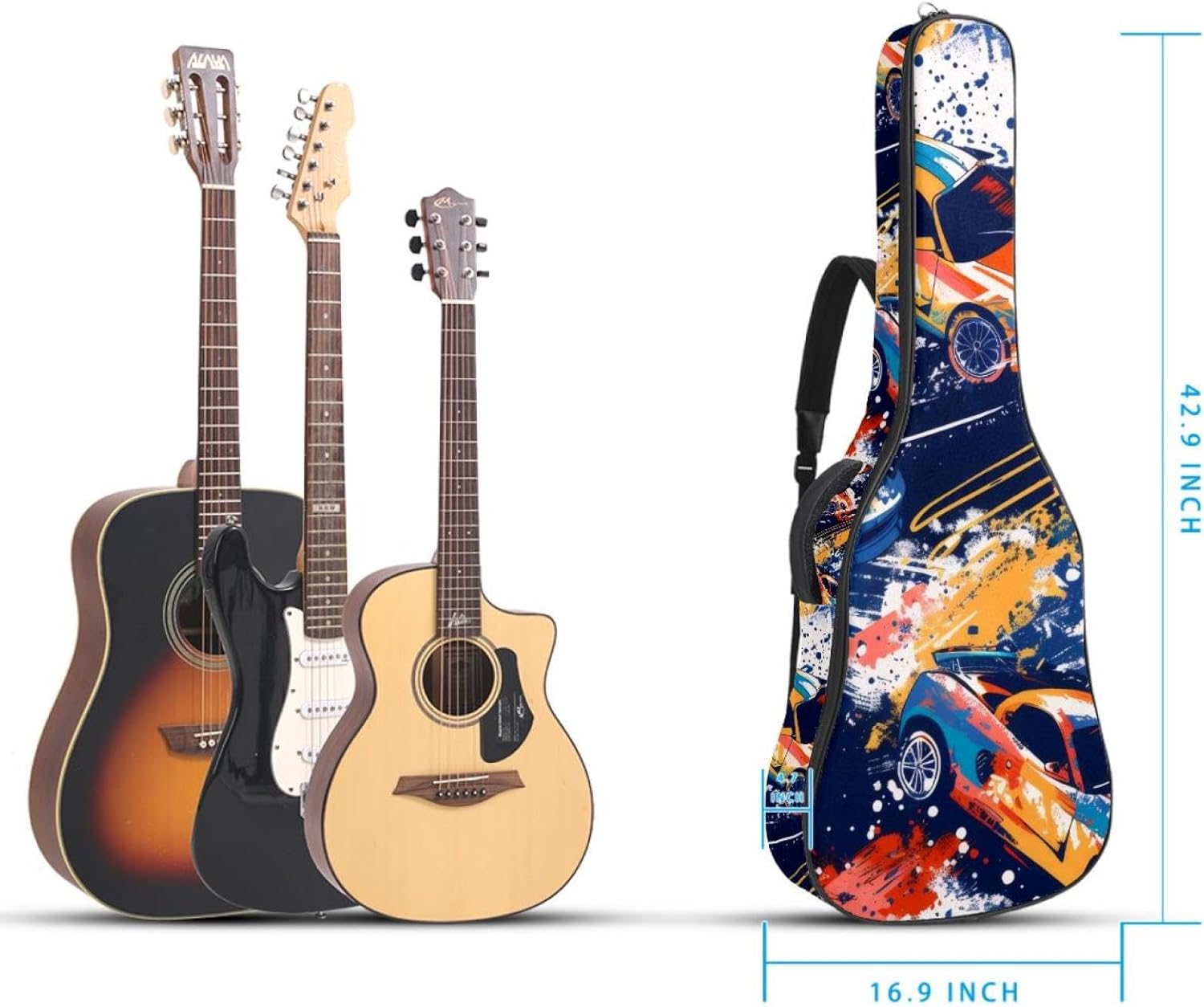 Acoustic Guitar Bag 0.4 Inch Thick Padding Waterproof Guitar Case Gig Bag for 40 41 42 Inch Electric Bass Classical Guitar, Cool Sport Cars Seamless Abstract Pattern