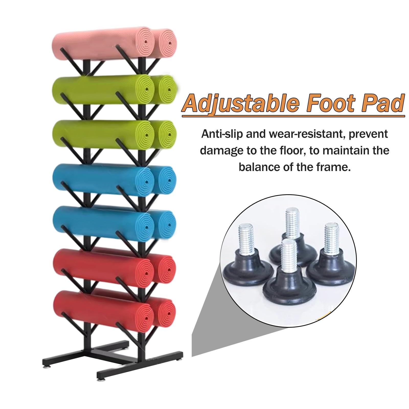 ブラックフォームエクササイズマット ヨガマット収納棚、5/6/7層スチールエクササイズマットホルダー