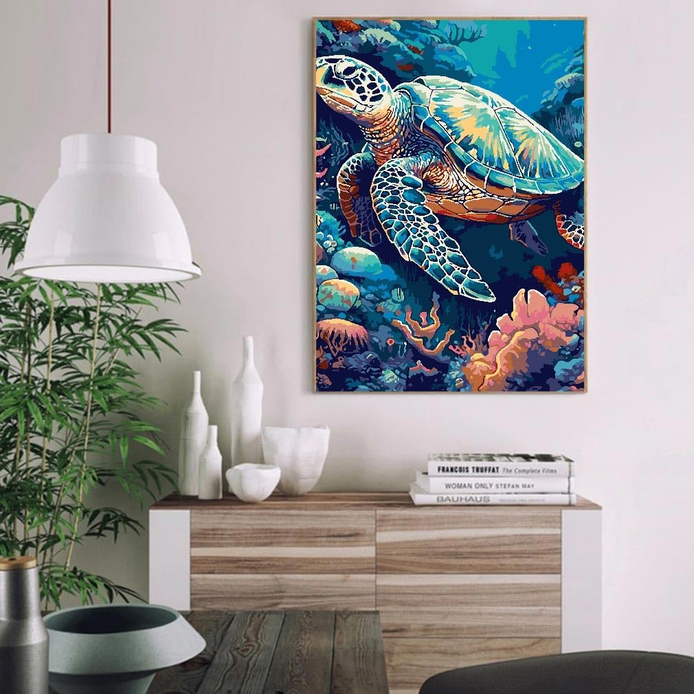 MIRCVSH Sea Turtle Paint by Numbers for Adults - Paint by Number with Frame,DIY Paint by Number with Wooden Frame Easy Acrylic on Canvas 12x16 in (Include Framed) image 3