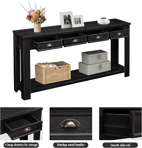 Miniatura 6 de kinbor Mesa consola larga para sofá, mesa de sofá de madera, mesas de entrada con 4 cajones y estante de almacenamiento para entrada, pasillo, sala