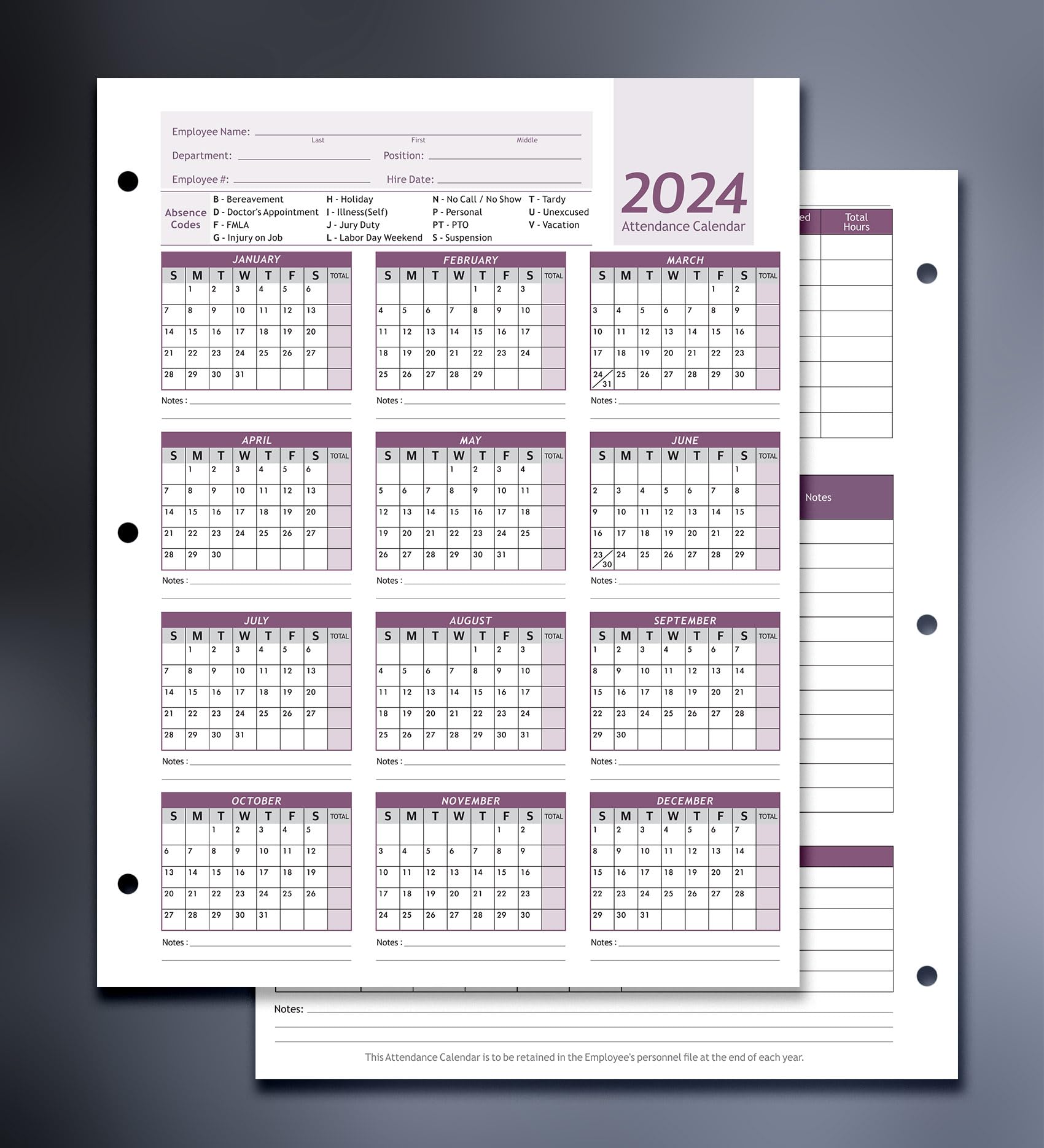 Amazon.com : Attendance Calendar Employee Card Attendance Record Tracker  2024, Heavy 100lb Cardstock Paper 8.5 x 11 inches (Purple, Pack of 25  Sheets) : Office Products