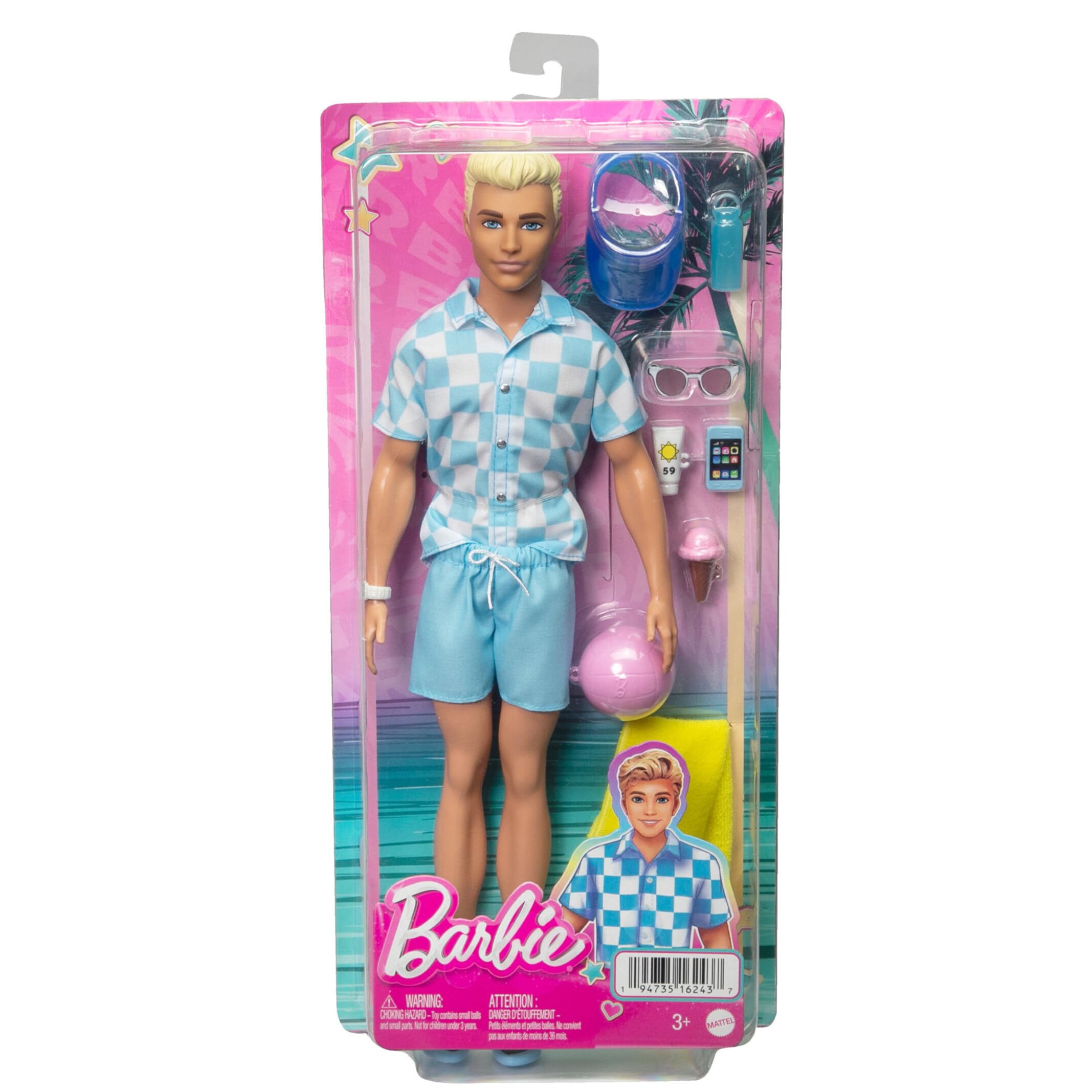 Barbie Ken Día en la Playa Muñeco de Juguete Hecho de plásticos reciclados, Modelos Surtidos, +3 años (Mattel HPL74)