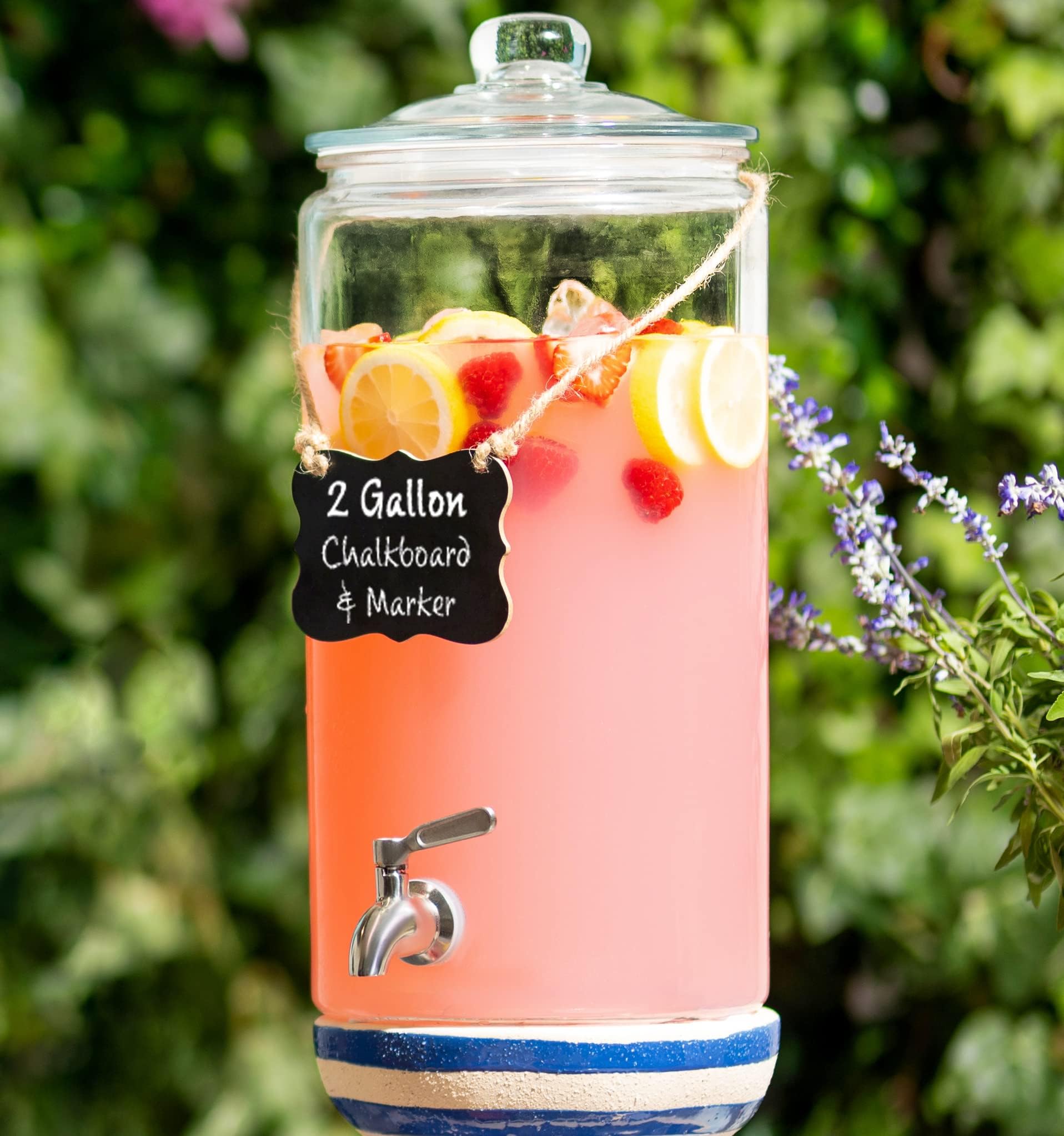 Le'raze 2 Gallon Beverage Serveware with Stainless Steel Spigot + Marker & Chalkboard 100% Leakproof Glass Drink Dispenser for Parties with Spout, Airtight Beverage Dispenser for Water Juice Laundry