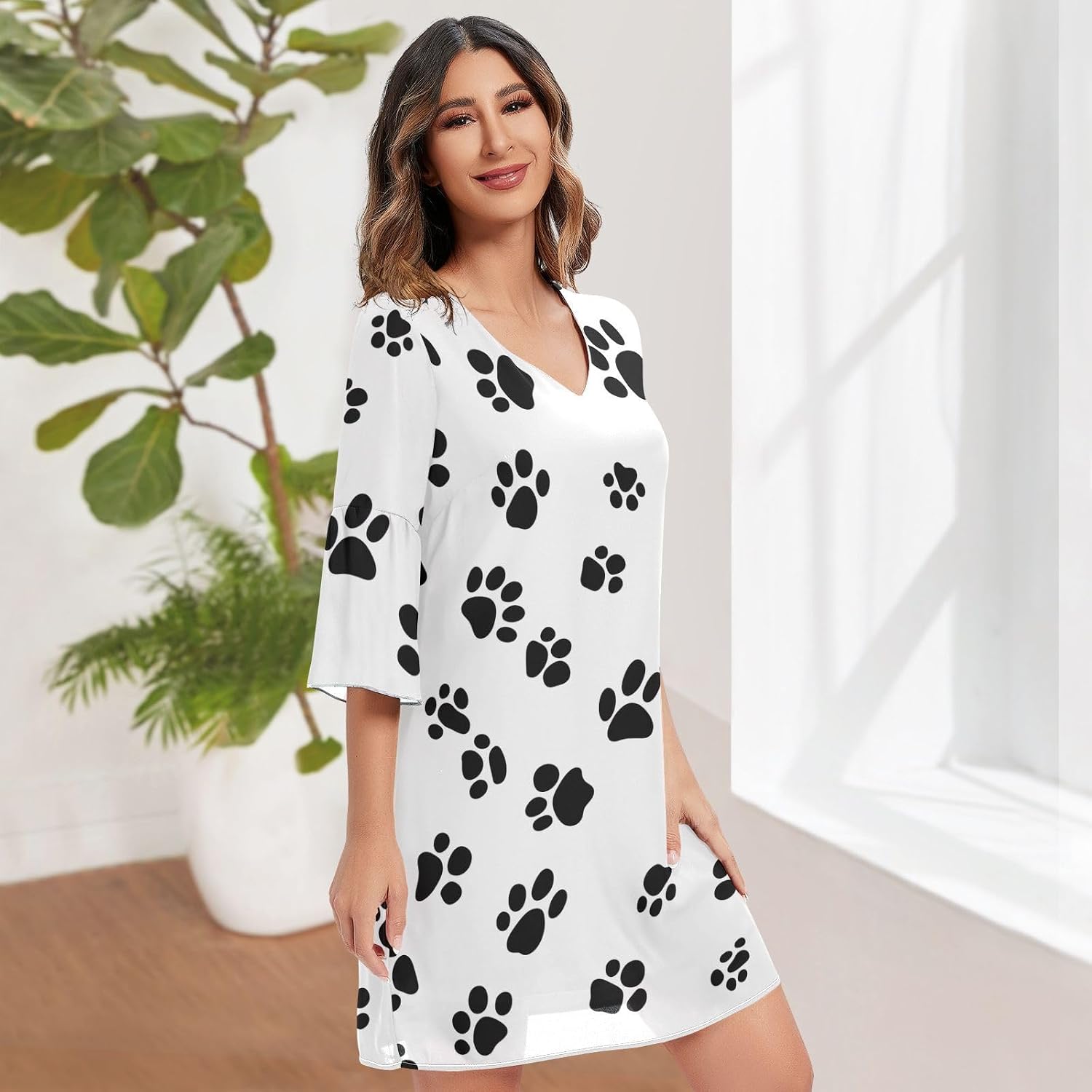 Black Animal Paw Prints White V Neck Summer Dress 3/4 Sleeve Swing Party Dress S-XXL