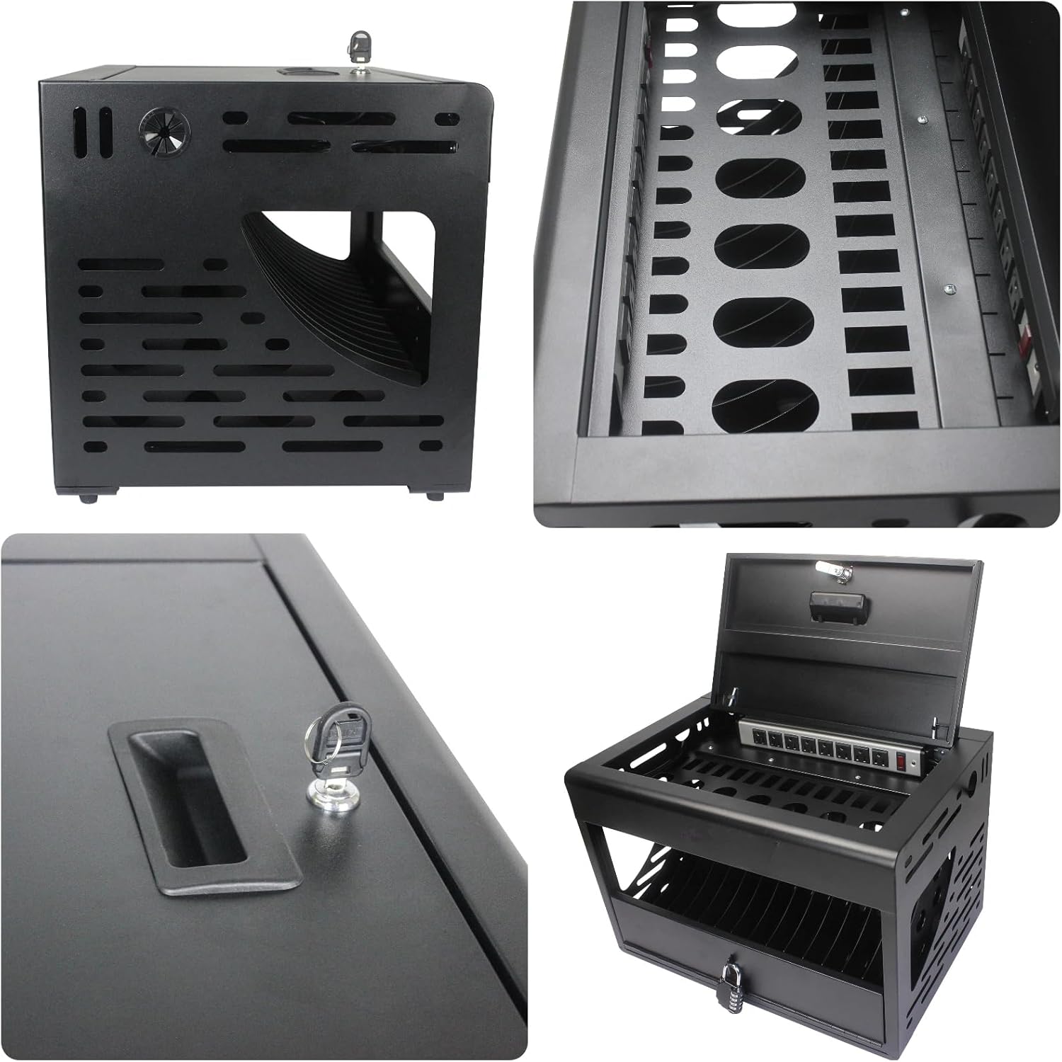 16 Unit Laptop Charging Station, Locking Charging Cabinet with Interior Steel Dividers & Power Strip, Metal Charging Organizer with Dual Installation Options for Classroom & Office, Black