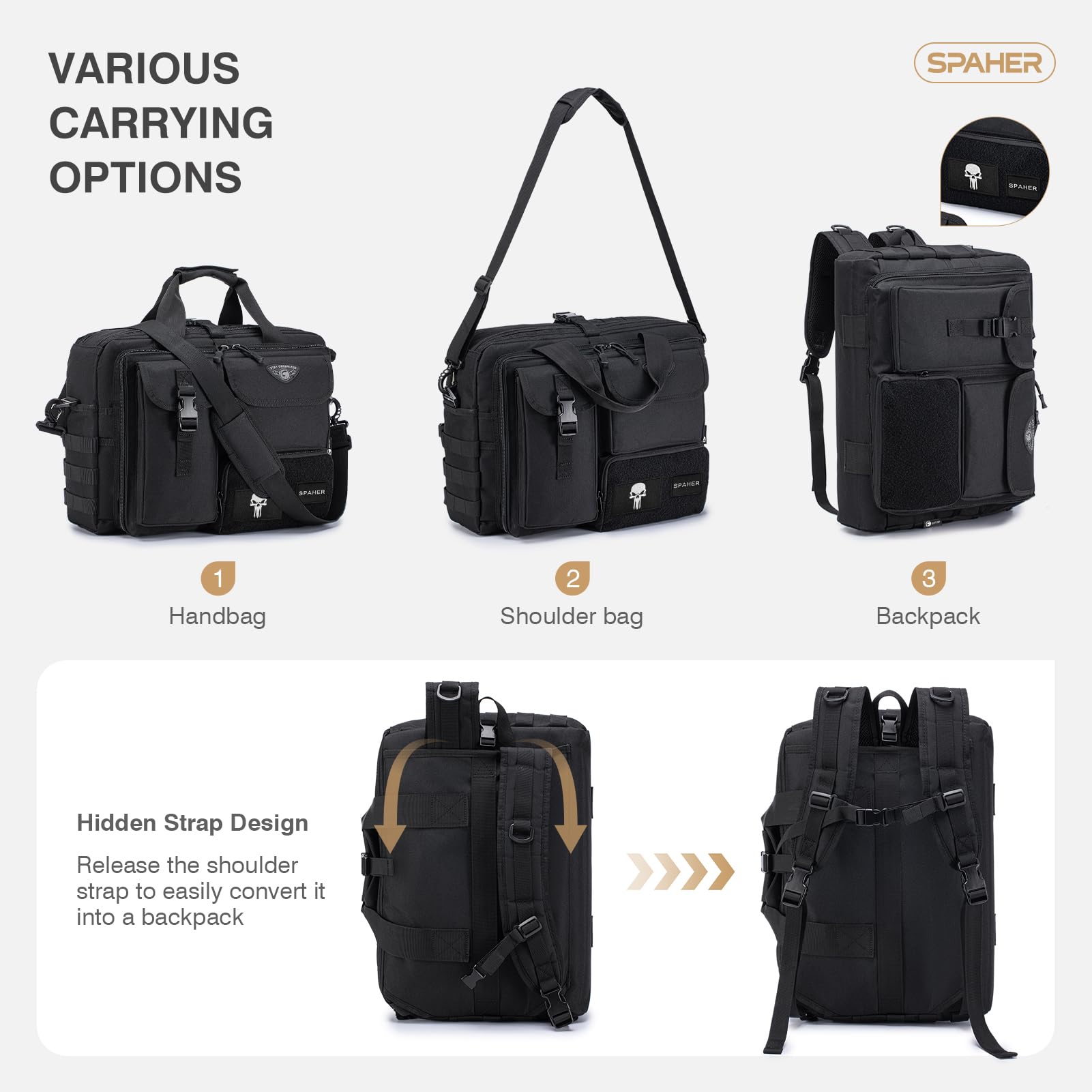 SPAHER 3 in 1 Borsa Porta PC 17,3" Zaino Tattica Borsello Uomo a Mano Nero | Sistema MOLLE, Scomparto per Laptop Imbottito, Oxford Impermeabile, Tracolla Nascosta, per Lavoro Camping Escursioni Viaggi