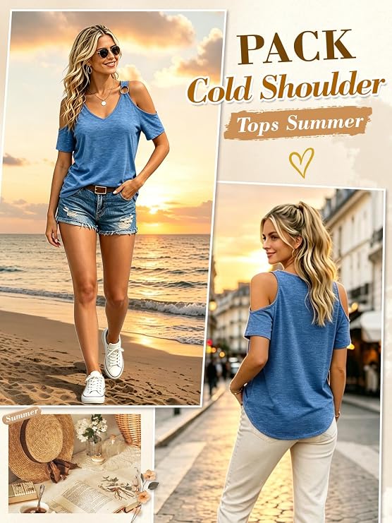 Women's Cold Shoulder Tops V Neck Short Sleeve T-Shirts Fashion Cutout Basic Sexy Summer Tees 2026 Trendy HT3