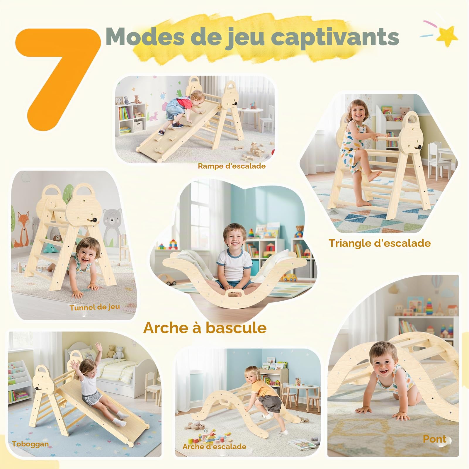 Kit de portique d'escalade Montessori 7 en 1 : triangle d'escalade d'intérieur, arche d'escalade avec coussin et toboggan, jouet d'escalade en bois, structure d'escalade pour 1 à 5 ans (3P avec