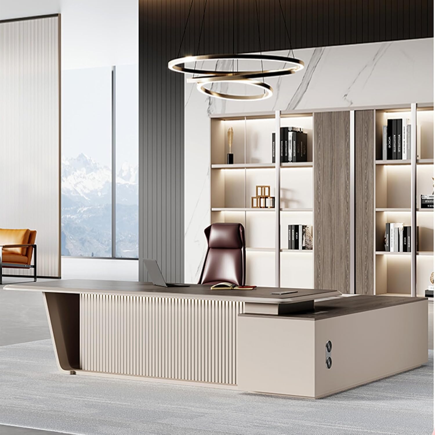L-Shaped Grey Computer Desk, Executive Office Desk with Lateral Cabinet Writing Study Table Business Furniture Set for CEO Boss