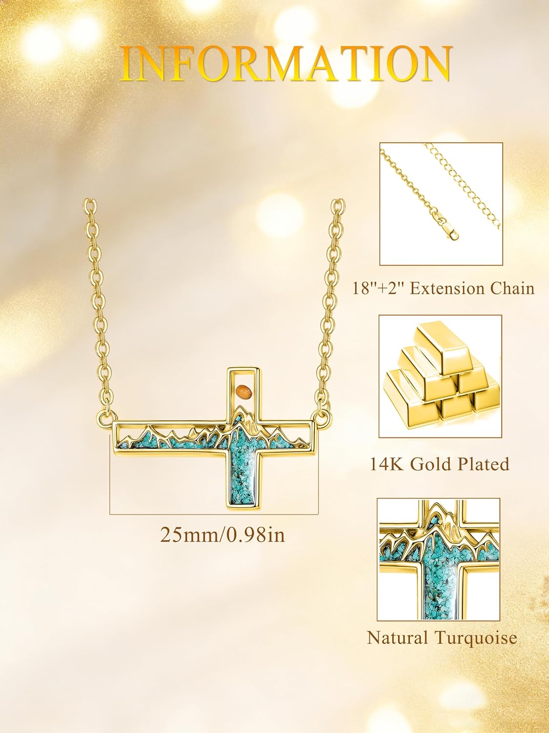 14K Gold Mustard Seed Sideways Cross Necklace for Women Turquoise Mountain Sun Pendant Christian Faith Jewelry First Communion Baptism Confirmation Gifts for Hikers, Climbers and Nature Lovers