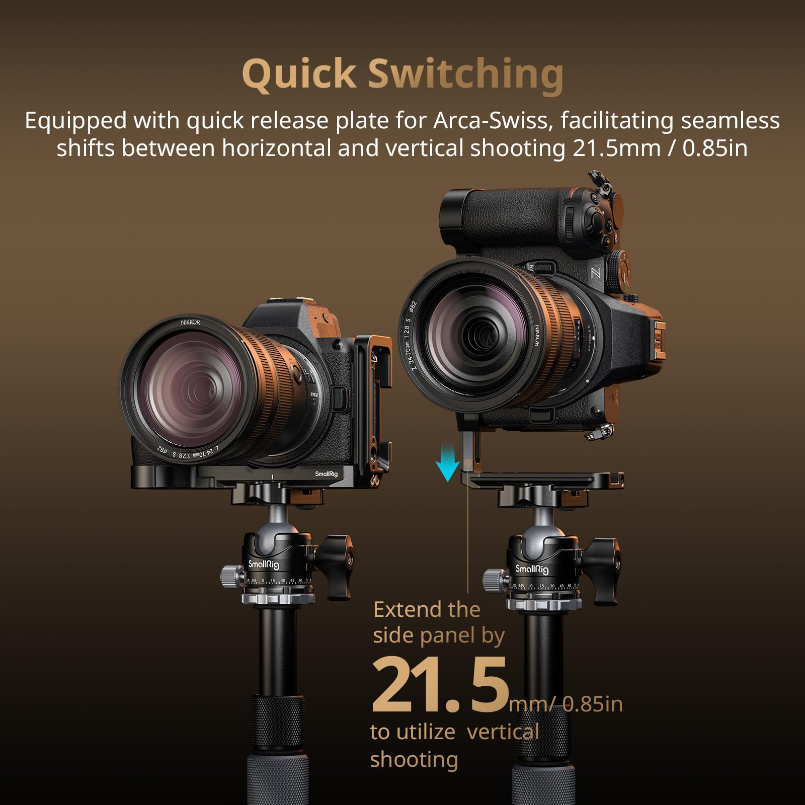 SMALLRIG Supporto L per Nikon Z5 II, Z5, Z6, Z6II, Z7, Z7II, piastra L ARCA-Swiss, interfaccia QD, fori 1/4"-20, attacco flash, fessure cinghia - 5256